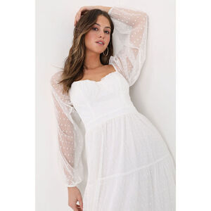 Lulus Affectionate Aura White Swiss Dot Tiered Bustier Midi Dress - Size M